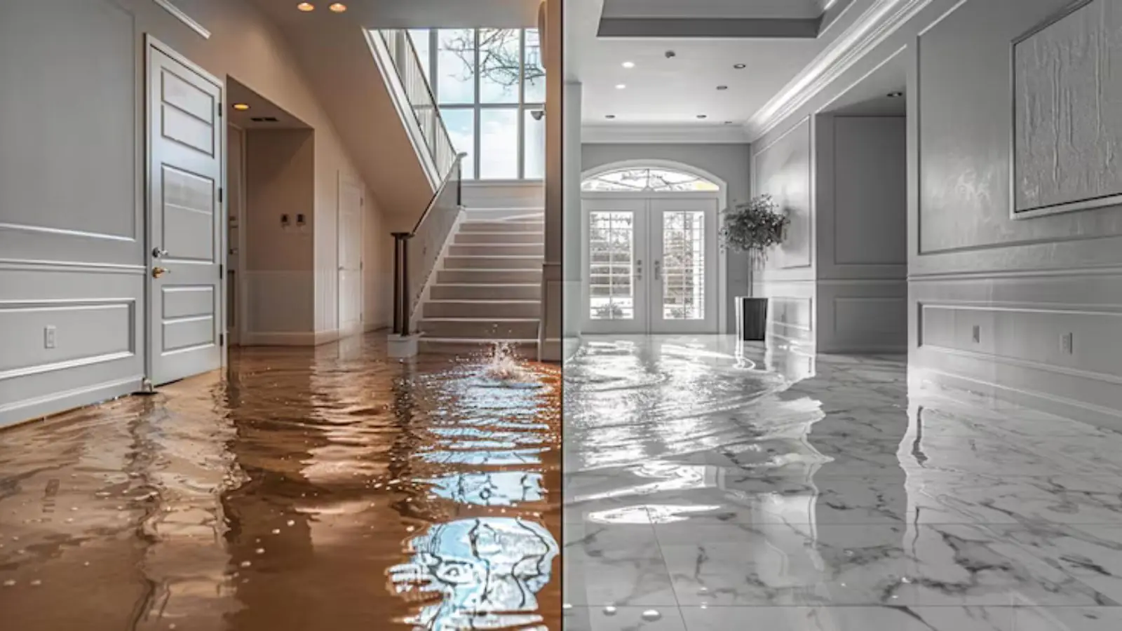 Water covering the floor of a large entry hall with a staircase