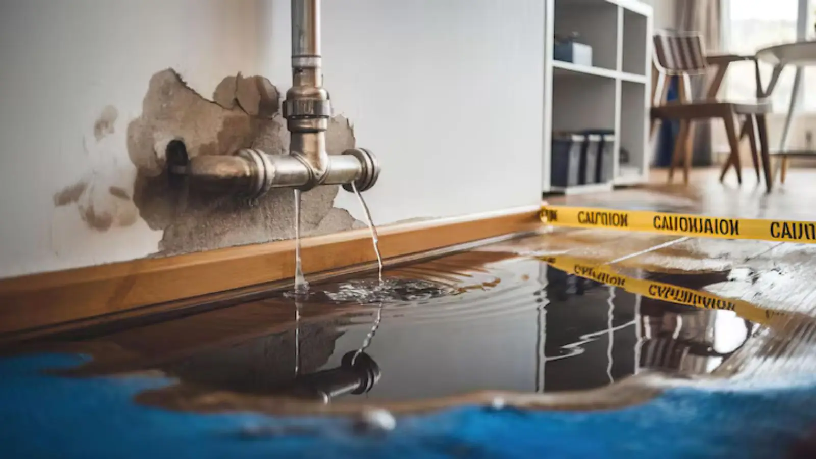 Water running from a leaking pipe onto a living room floor with caution tape across the wet area